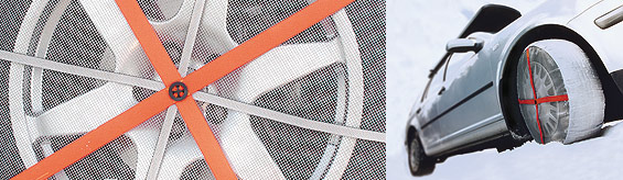 AutoSock/Auto Sock - textile wheel covers with an elasticated edge; you just slip them over the driving wheels when you find yourself getting stuck. ("Yes - it really is this easy" and "Yes, of course they work!")