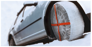 AutoSock/Auto Sock - textile wheel covers with an elasticated edge; you just slip them over the driving wheels when you find yourself getting stuck. ("Yes - it really is this easy" and "Yes, of course they work!")