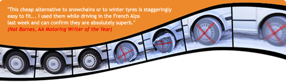 AutoSock/Auto Sock - textile wheel covers with an elasticated edge; you just slip them over the driving wheels when you find yourself getting stuck. ("Yes - it really is this easy" and "Yes, of course they work!")