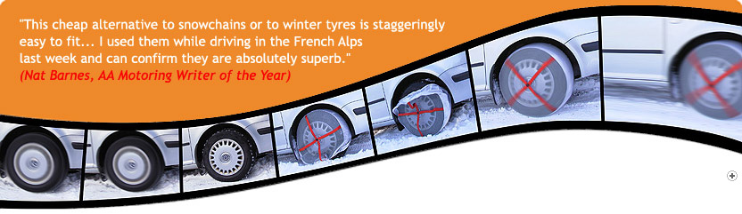 AutoSock/Auto Sock - textile wheel covers with an elasticated edge; you just slip them over the driving wheels when you find yourself getting stuck. ("Yes - it really is this easy" and "Yes, of course they work!")