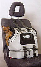 USB Pet Carrier with 'Lower bag' accessorie straped to car seat.