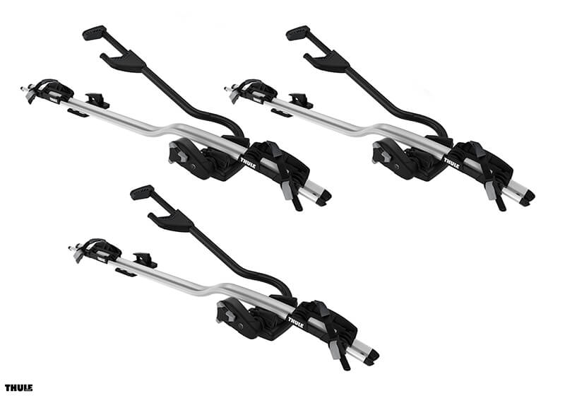 :3 x Thule ProRide 598 silver bike carriers with locking roof bars