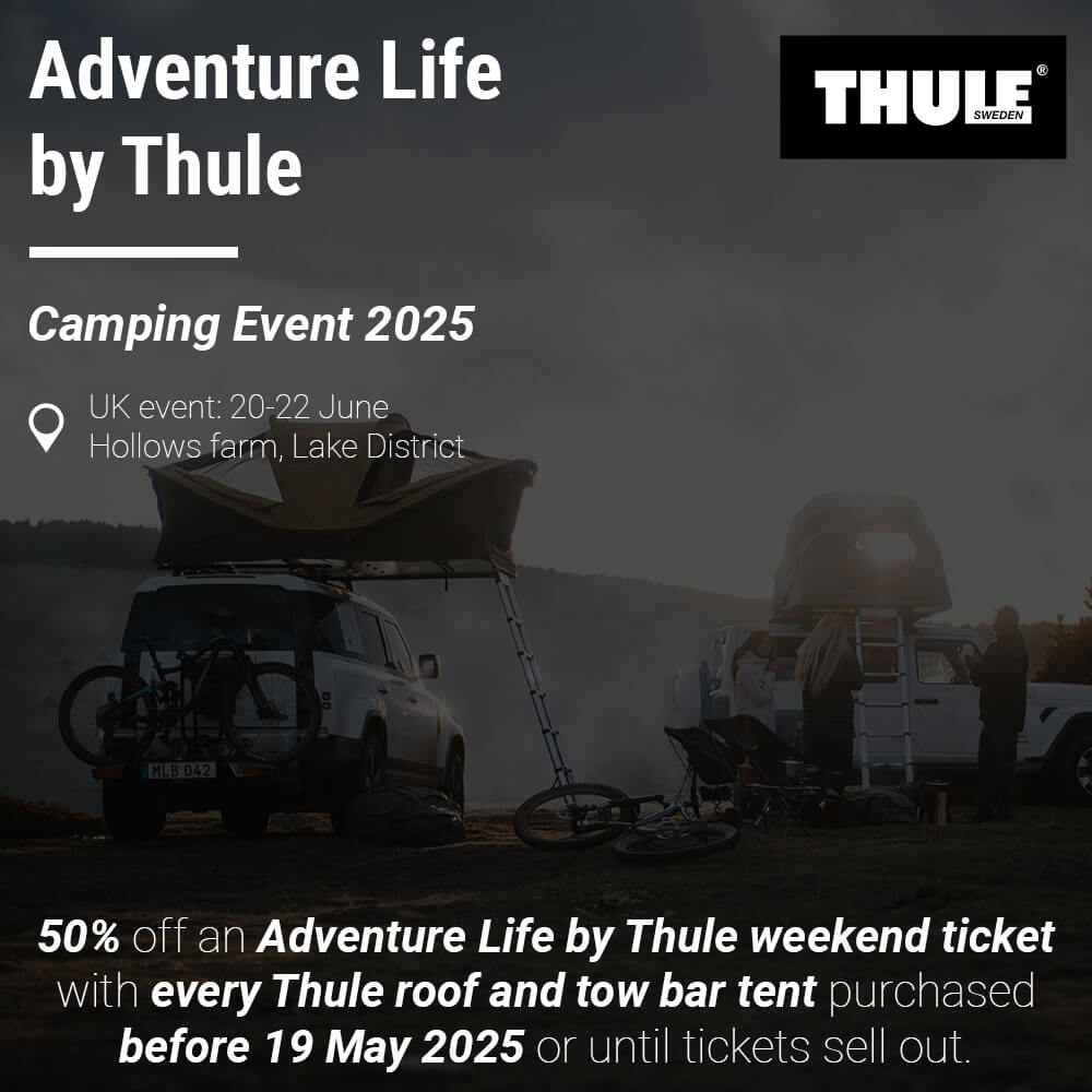 graphic showing two thule roof tents mounted on vehicle, with details of the Adventure Life Offer by Thule as a text overlay
