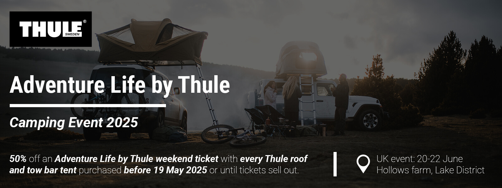 graphic showing two thule roof tents mounted on vehicle, with details of the Adventure Life Offer by Thule as a text overlay