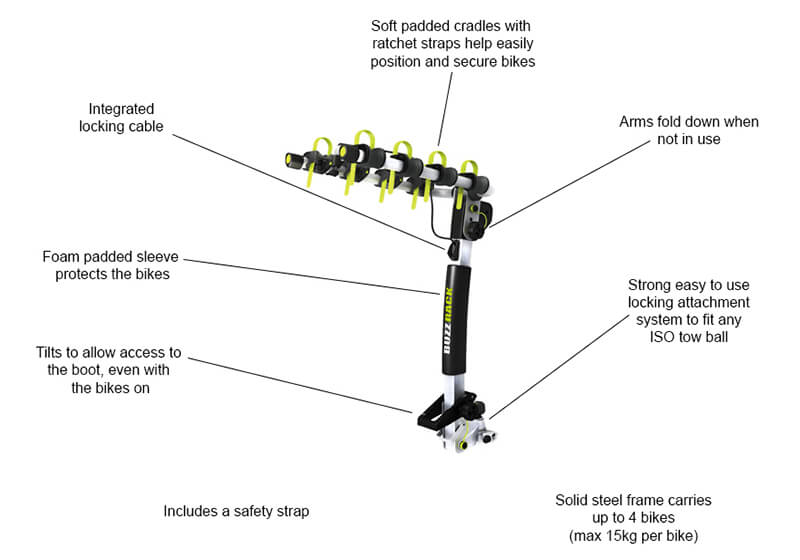 træt trængsler ophavsret BUZZ RACK Buffalo 4 bike tilting tow ball carrier no. BRH404.