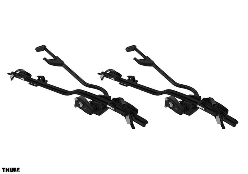 :2 x Thule ProRide 598 black bike carriers with locking roof bars