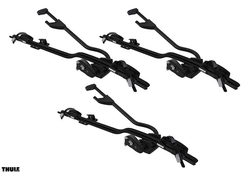 :3 x Thule ProRide 598 black bike carriers with locking roof bars