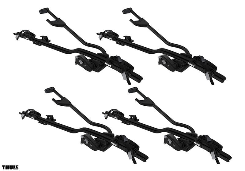 :4 x Thule ProRide 598 black bike carriers with locking roof bars