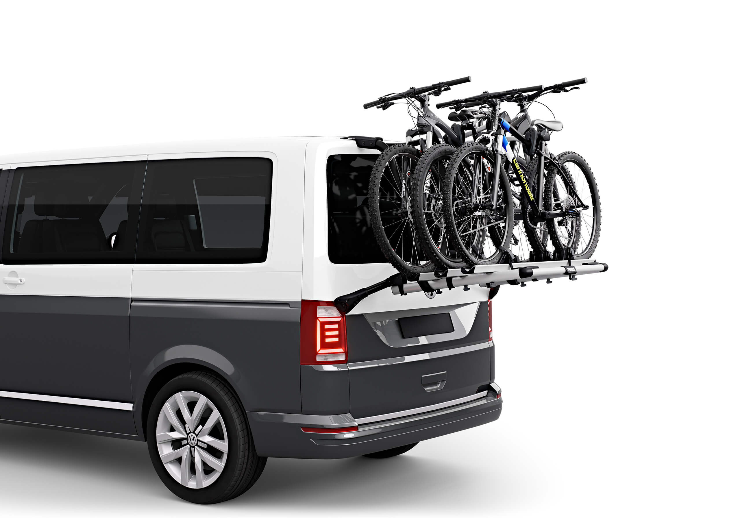 Volkswagen VW T6 Transporter L1 (SWB) H1 (low roof) (2015 onwards):Thule WanderWay silver VW T6 rear door carrier no. 911001