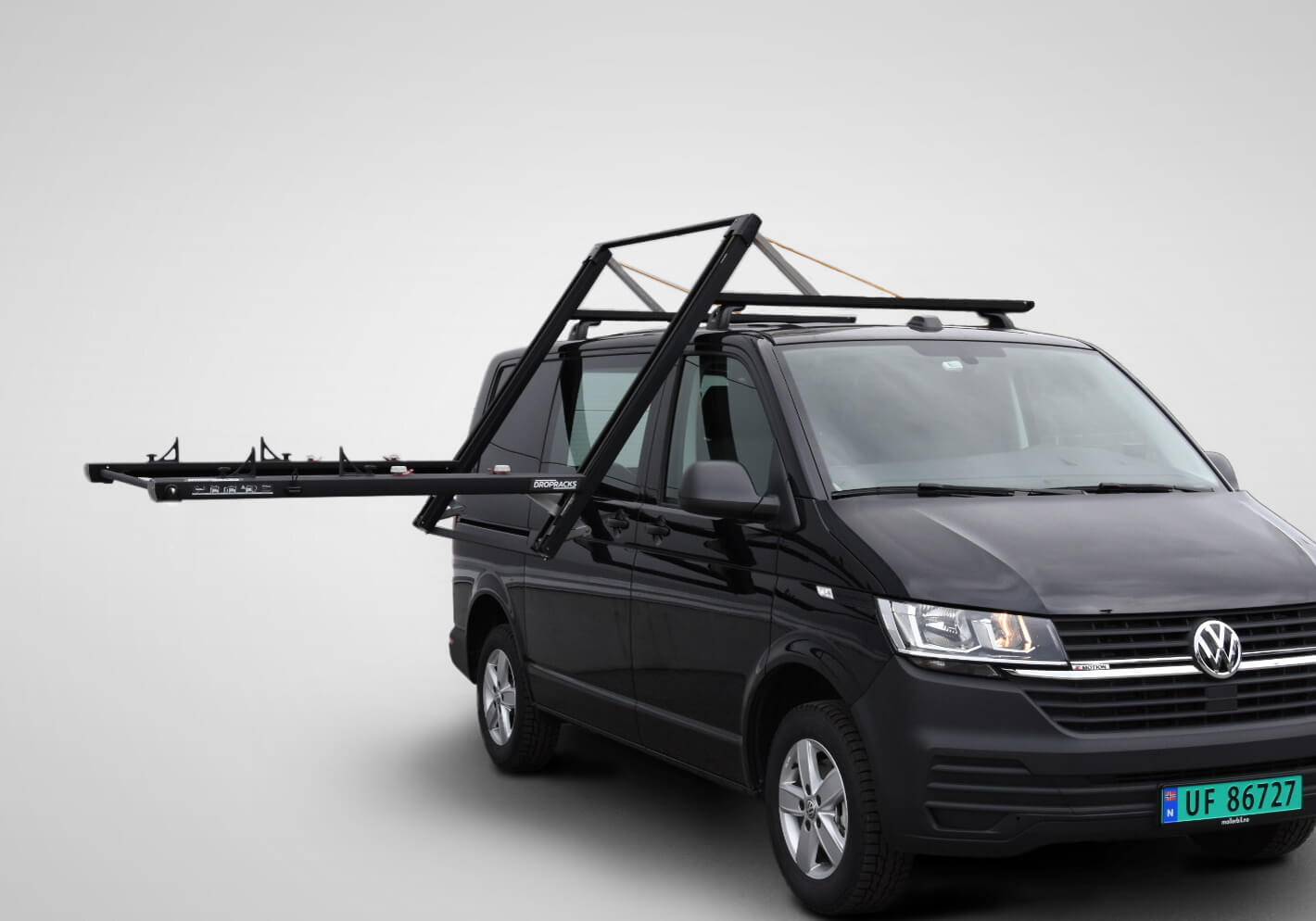 Volkswagen VW T6 Transporter L1 (SWB) H1 (low roof) (2015 onwards):Dropracks XL roof loading system (vehicle roof connectors at extra cost)