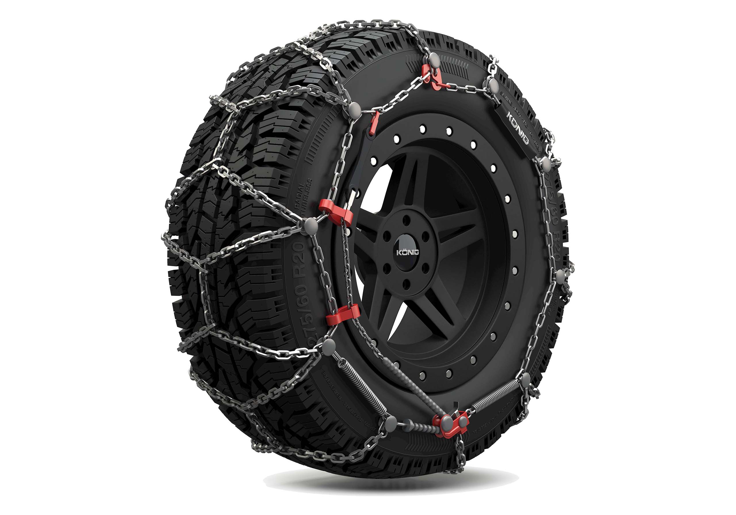 Close-up showing a König XD-16 Pro Snow Chain fitted to a tyre