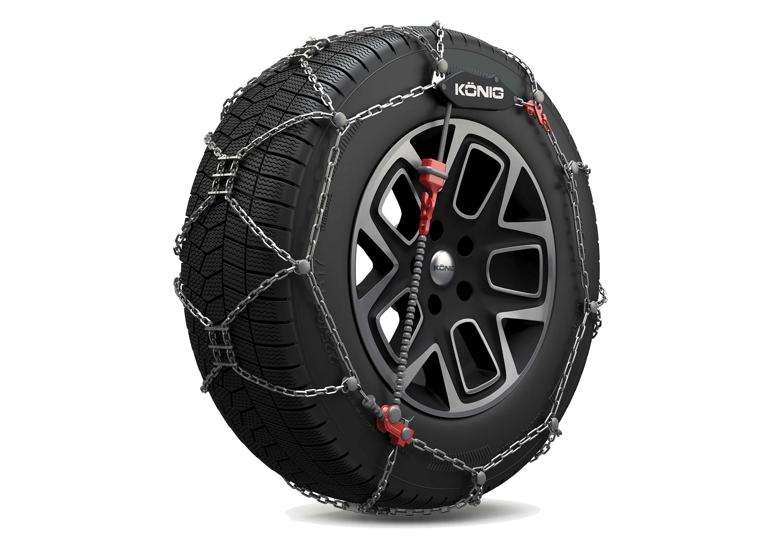Close-up showing a König XG Cross Snow Chain fitted to a tyre