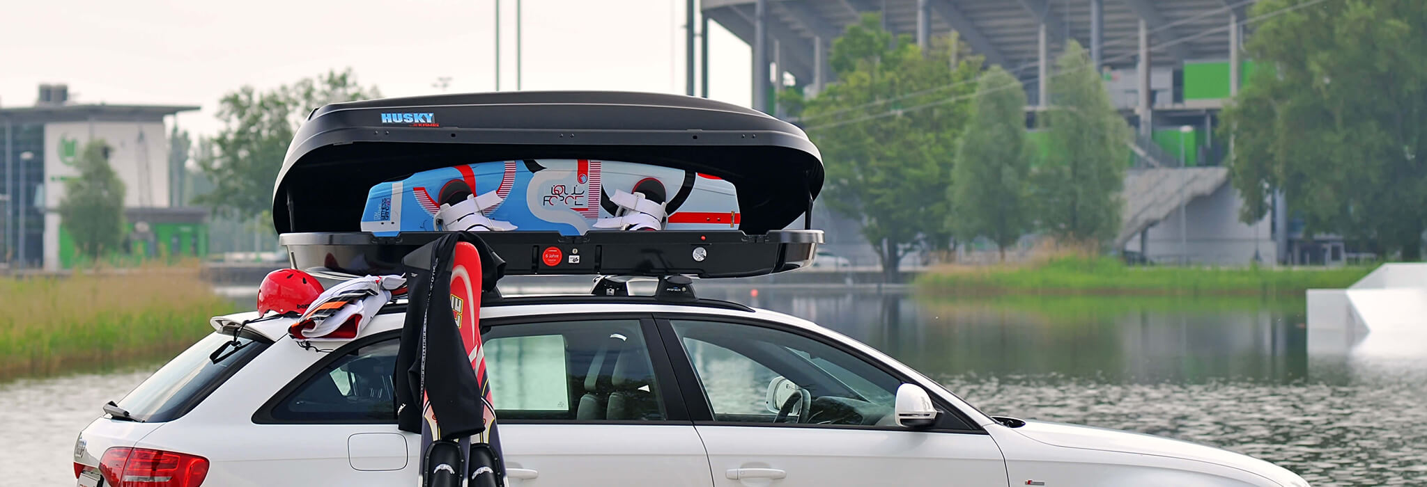 Kamei Husky Roof Box carrying wake boards and water skis