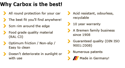 Why Carbox is simply better - Perfectly fitting products, Well cared for interior at all times, Maintenance of car value, Versatile, Made in Germany, Umweltplus eCOplus, New Carbox-products, Easy to clean, Acid-resistant and odourless, Unlimited recycling guarantee, 10 years warranty, references